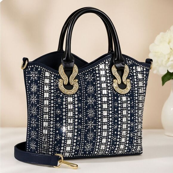 Glamorous Blue Rhinestone Studded Bling Handbag Purse - Picture 4 of 7